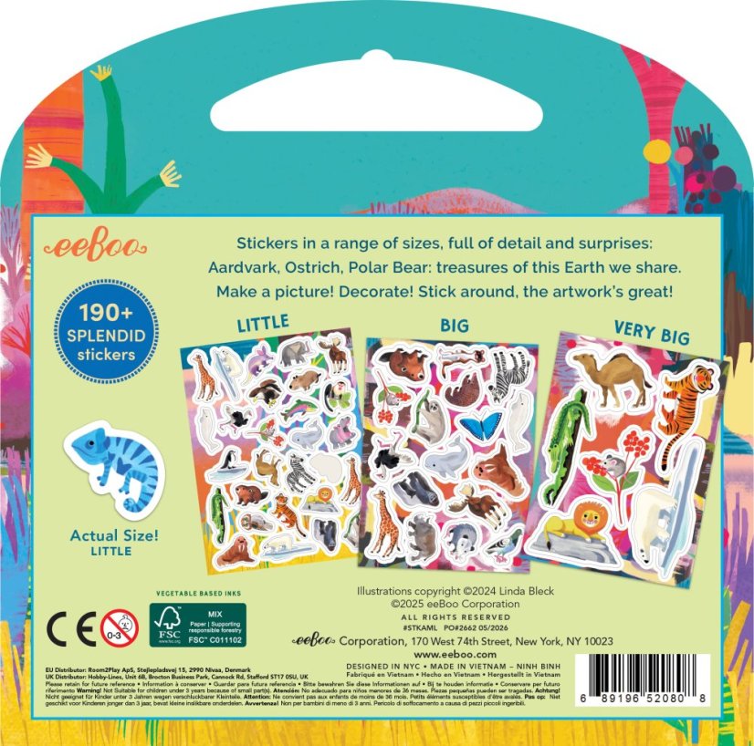 Wonderful Animals Shiny Stickers Book, 200+ stickers with handle, eeBoo