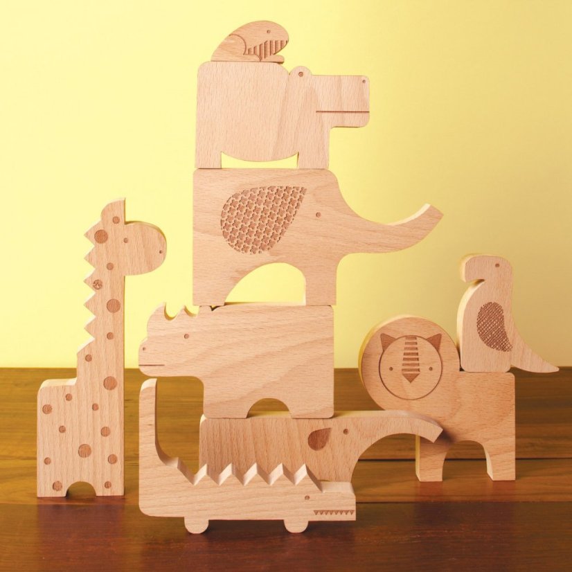 Petit Collage Dřevěná věž i puzzle - Safari zvířátka