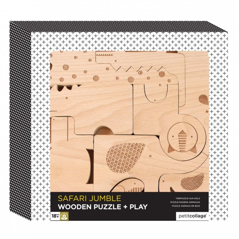 Petit Collage Dřevěná věž i puzzle - Safari zvířátka
